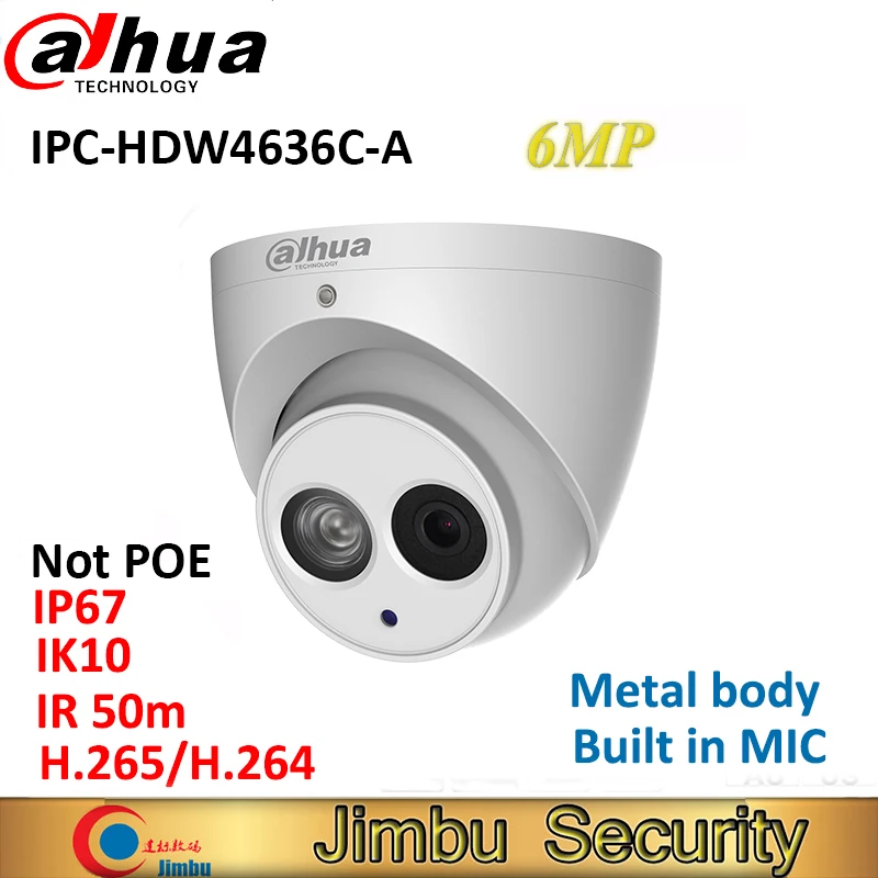  Dahua H.265 6MP IP Camera IPC-HDW4636C-A Metal casing Built-in MIC IR50m IP67 IK10 multiple languag