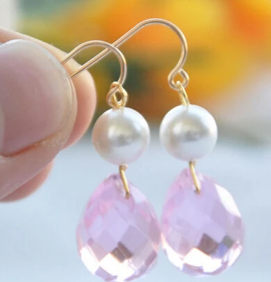 

Hot sell Noble- hot sell new - free shipping 13378 pink Teardrop faceted crystal white round pearl dangle earring
