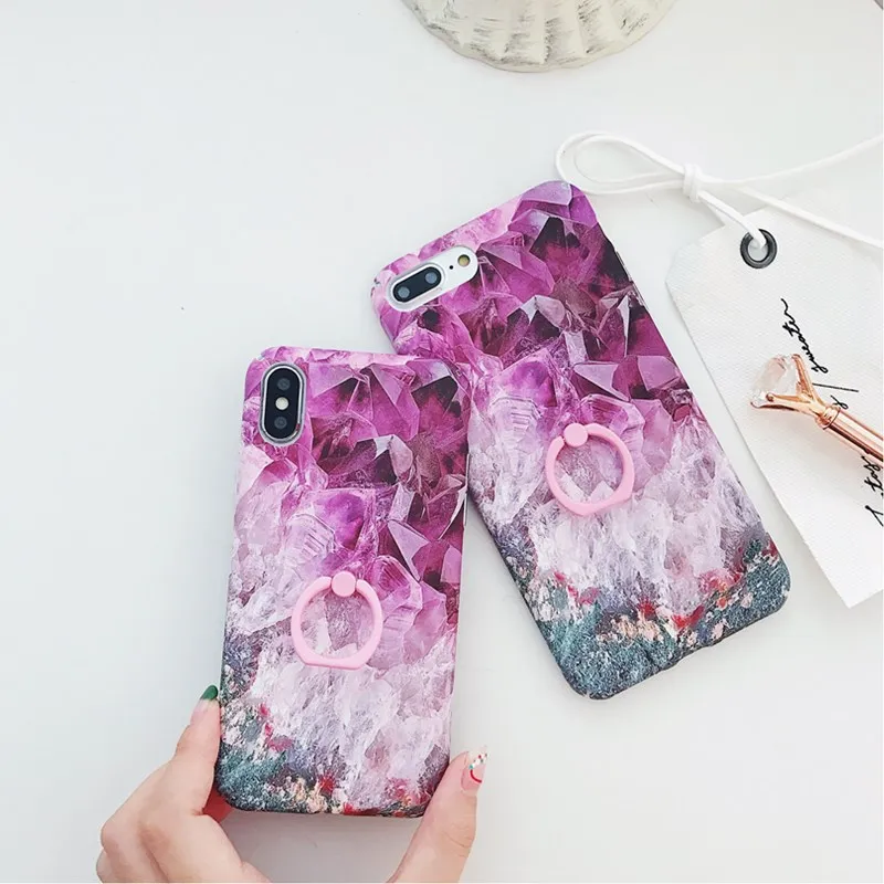 Luxury Jade Purple Diamond Pattern Phone Case for IPhone 7 Ring Bracket 6 6s 8 Plus X Ultra Slim Hard Back Cover |