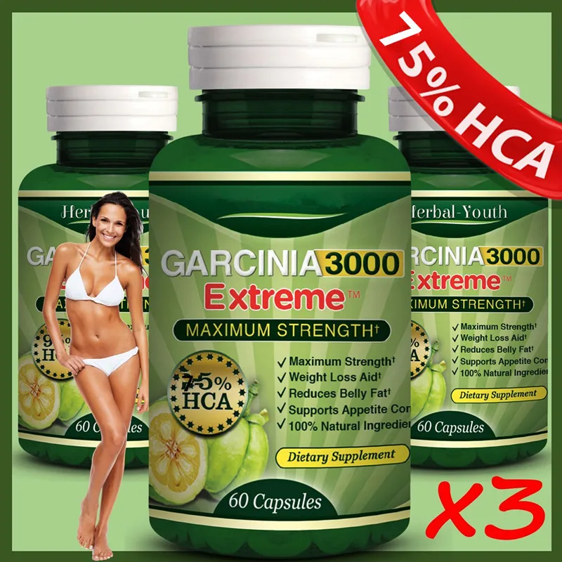 3 Bottles pack Pure Garcinia Cambogia Extract Weight Loss Effective Burn Fat 75% HCA 3000mg Diet Supplement Supply for Women Men