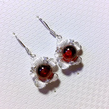 

[S925] longnice Silver Sterling Silver with synthetic garnet red flowers ear hanging earrings are luxurious atmosphere
