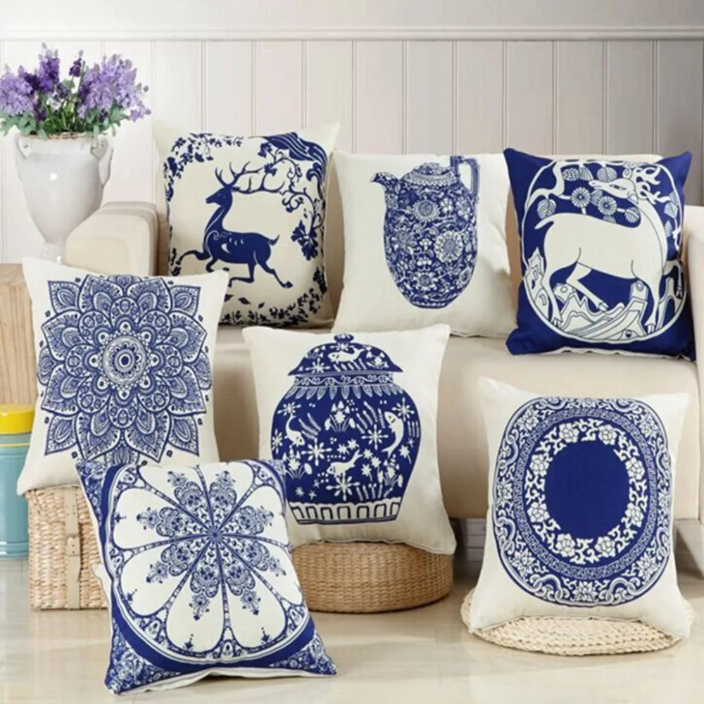 Chinese Style Decorative Pillows Blue And White Porcelain Florals Pattern Cushion High Quality ...