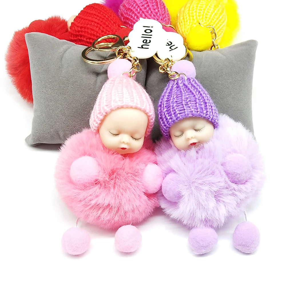 Hello Baby Keychain Sleeping Baby Doll Keychain Pompom Fake Rabbit Fur Ball Car Keyring Women