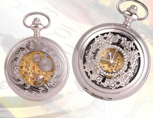 

SEE THROUGH SILVER/BLACK MECHANICAL MEN'S POCKET WATCH