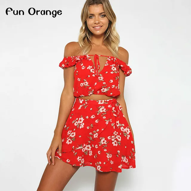 Fun Orange Two Piece Red Chiffon Summer Dress Women 2017 Vintage Fun Orange Two Piece Red Chiffon Summer Dress Women 2017 Vintage Party Ruffles Short