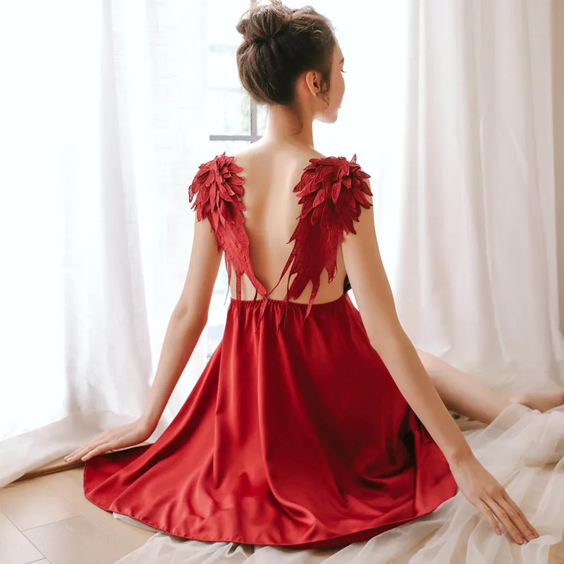 

Sexy Women Simulation Silk Nightgowns Black White Angel Wings Backless V Neck Sleepwear Dress Summer Angel Wings Nightdres