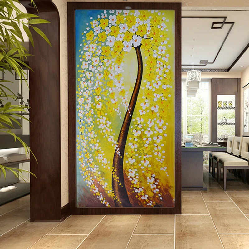

Super Large Painting Hand Painted white yellow flower tree Oil Painting thick palette knife Living Room Wall decoration Pictures