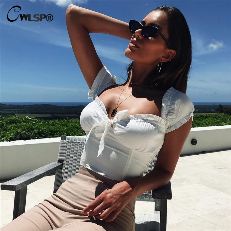 CWLSP Front Bow Tie T-Shirt Slash Neck Off the Shoulder Summer Tube Lettuce-Edge Crop Top Shirt Women T Shirt camiseta feminina CWLSP Front Bow Tie T-Shirt Slash Neck Off the Shoulder Summer Tube Lettuce-Edge Crop Top Shirt Women T Shirt camiseta feminina