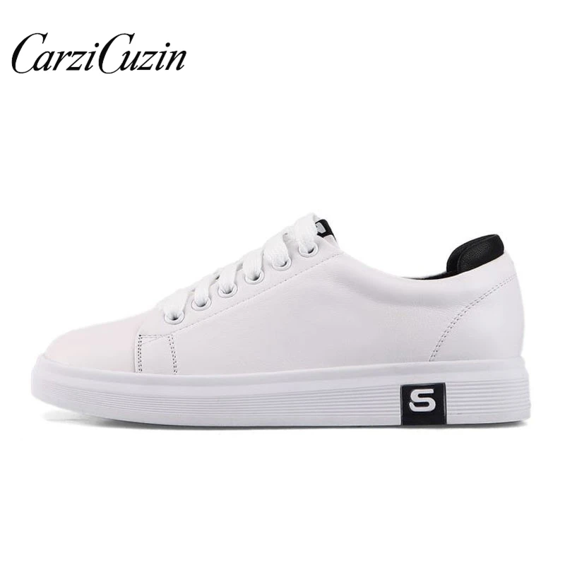 

Carzicuzin Spring Autumn New Real Leather Sneakers Women Flats Vulcanized Shoes Lace Up Simple White Shoes Women Girl Size 34-39