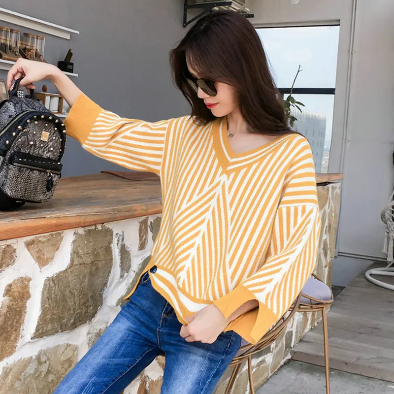 Fashion Women Autumn Pullover Sweaters Yellow Stripes Knitted Top Girl Three Quater Sleeve V-neck Knitwear Woman Casual Pullover