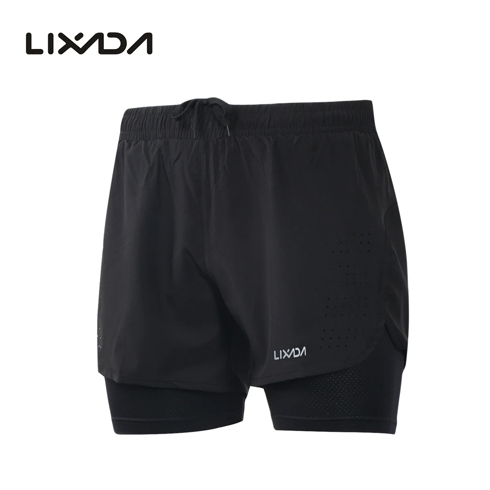 Lixada 2 in 1 shorts men Quick Drying Breathable Active Training Exercise Jogging Marathon Cycling Work-Out Shorts with Zipper Side Pockets Longer Liner & Reflective Elements