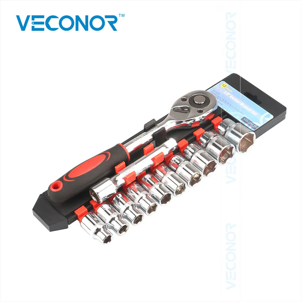 Veconor 1/2" Socket Wrench +10 Sockets +1 Extension Rod Drive Reversible Ratcheting Handle