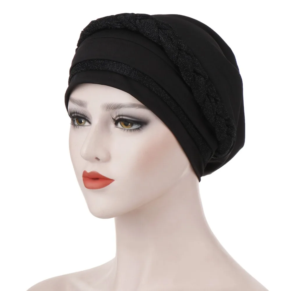 

Muslim Women Silky Bright Wire Braid Turban Hat Cancer Chemo Beanies Cap Hijab Headwear Headwrap Hair Loss Accessories