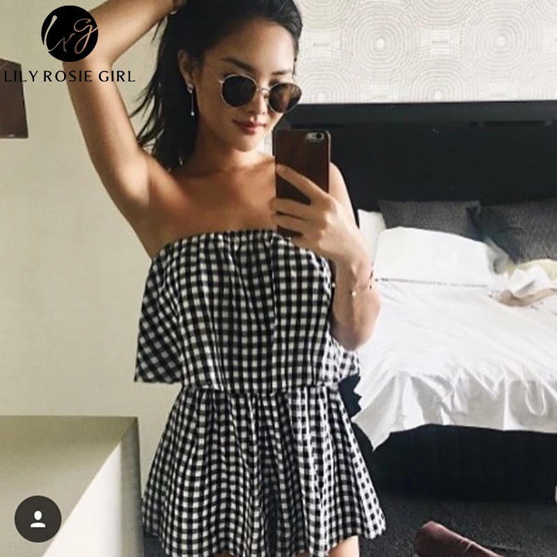 

Conmoto Sexy Off Shoulder Plaid Women Romper Summer Casual Sleeveless Beach Party Ruffles Short Jumpsuit Girls Overall Playsuit