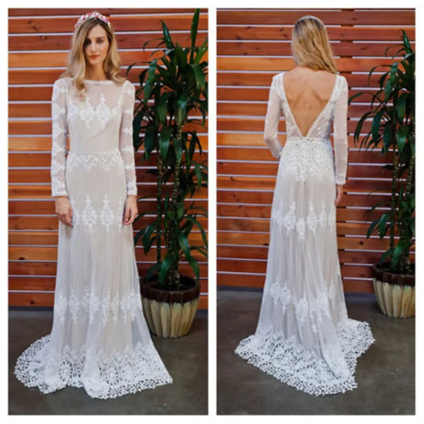MZYHD64 Lace Bateau Bohemian A Line Wedding Dress Long Sleeve Backless Bridal Gown vestido de noiva Custom 6 8 10 12 14 16 18+ | Свадьбы и