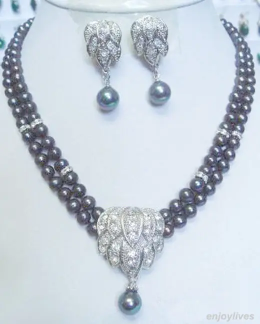 

Wholesale fast SHIPPING >>>> 2 Rows Real Black Pearl White Gold Plated Crystal Pendant Earrings Necklace Set (A0516)