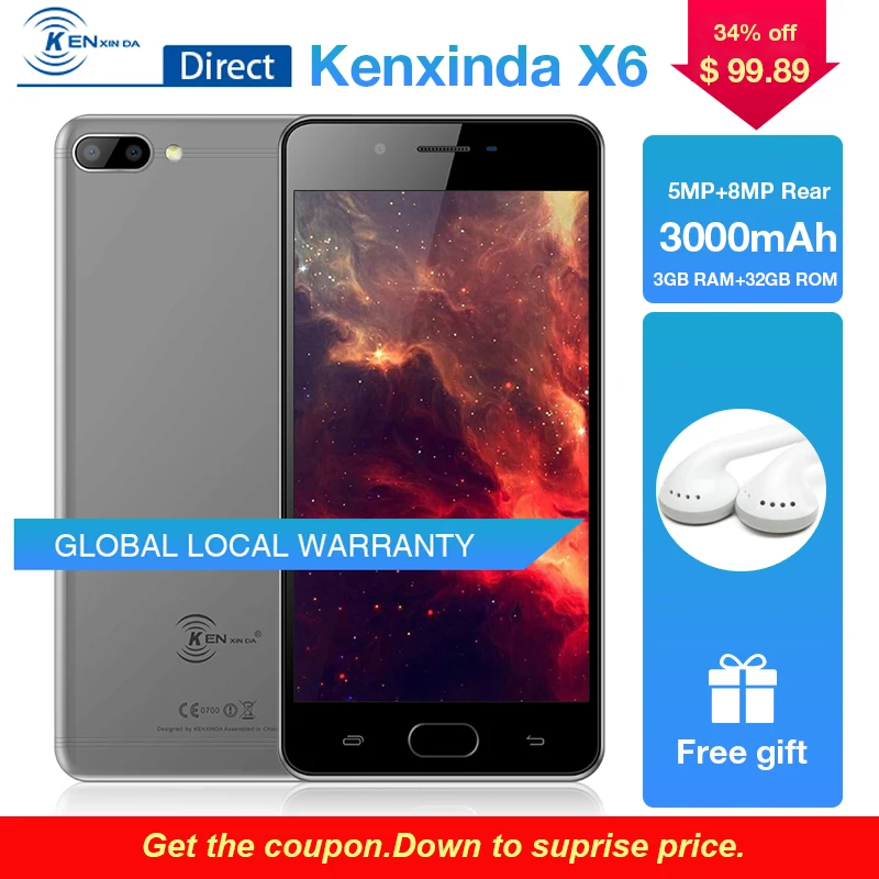 Флэш-дело Kenxinda X6 5,0 "Andriod7.0 3 + 32G RAM/Встроенная память 1,3 ГГц 13 + 8 Мп две камеры Dual Sim 4G 3500 мАч Глобальный Версия смарт-мобильный