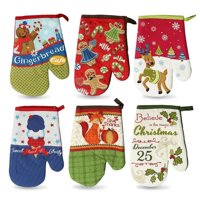 Best Offers Christmas Oven Mitts Microwave Oven Insulation Gloves Heat Resistant Pot Holders Cotton Cloth Gloves Home Kitchen Baking Tools