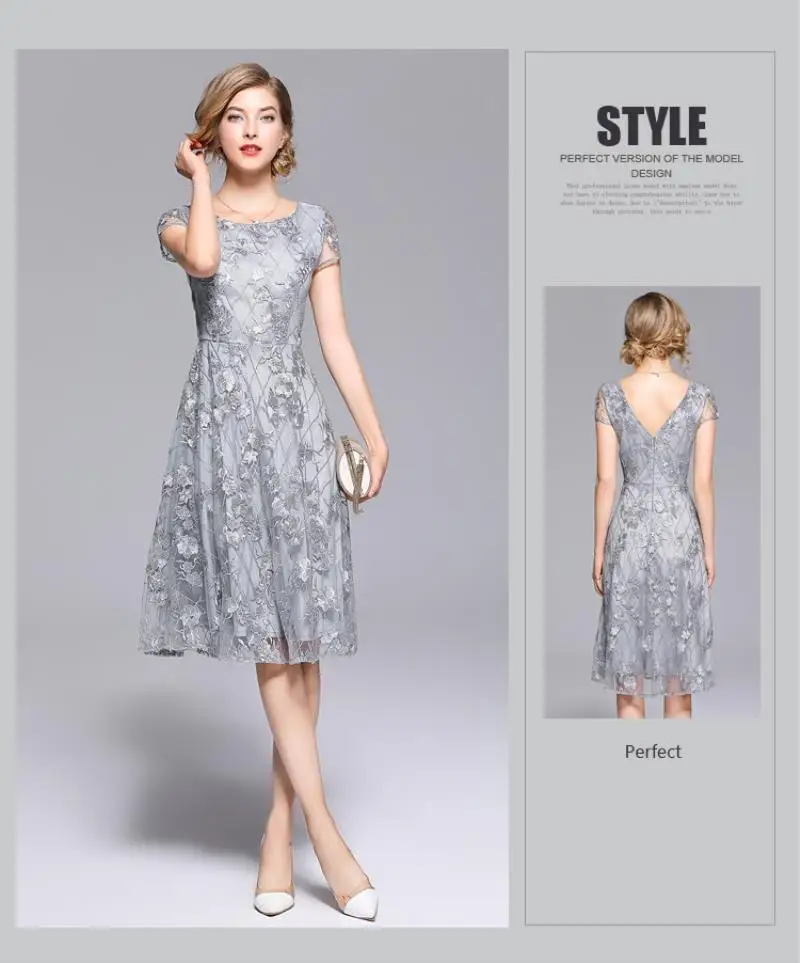 Summer Lace Mesh Embroidery Dress Chiffon Women O-Neck Short Sleeves A-Line Silver Vintage Long Party Elegant Dress Vestidos