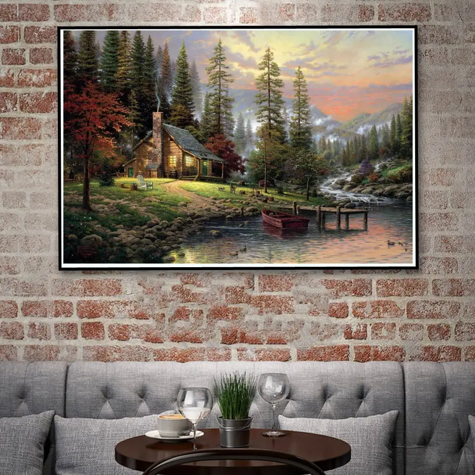 FOOCAME Thomas Kinkade горы природа пейзаж живопись плакат искусство печать украшение из шелка настенные картины для гостиной домашний декор - Цвет: 012