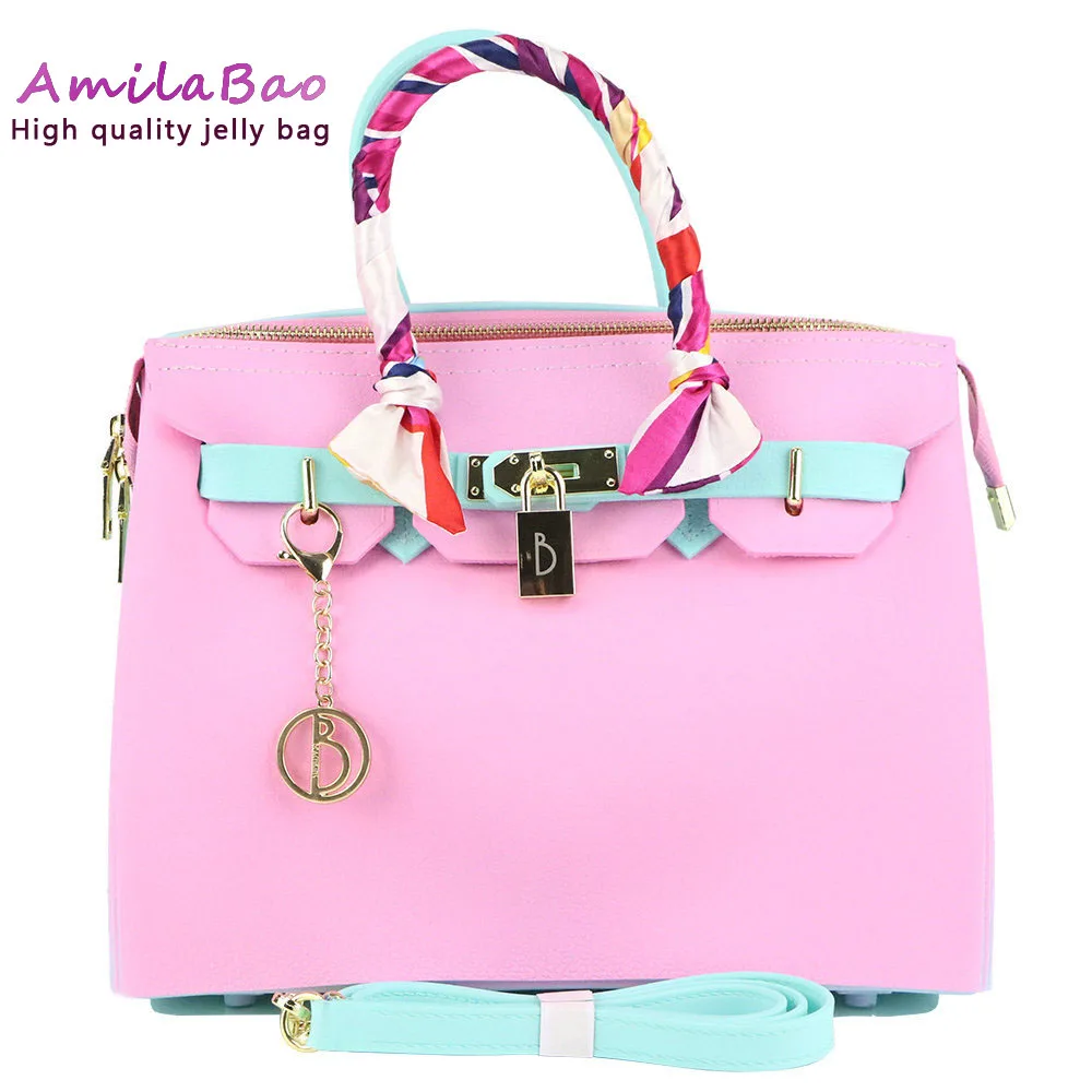 

jelly handbags PVC Silicone luxury handbags women bags designer rainbow bags waterproof Beach Zipper bags with scarf ME837