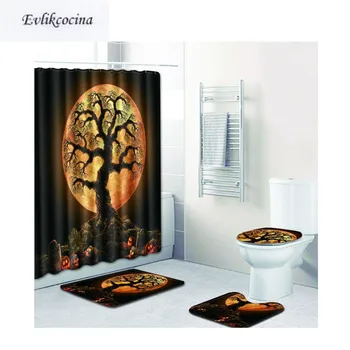 

Free Shipping 4pcs Halloween Moon Tree Banyo Bathroom Carpet Toilet Bath Mats Set Non Slip Pad Tapis Salle De Bain Alfombra Bano