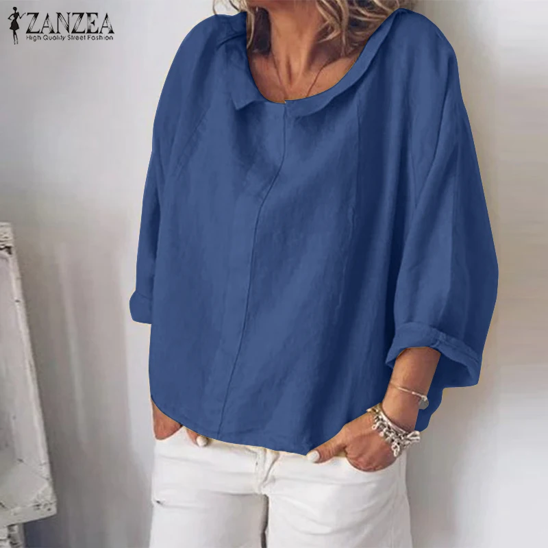 Goede ZANZEA Herfst Overhemd Mode Vrouwen Lange Mouw Katoen Linnen Blouse Casual Revers Hals Tops Gewaad Effen Blusas Femme Werk Chemise