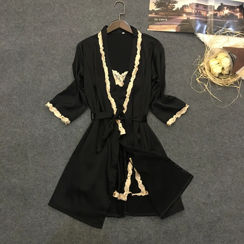 

women sleep sets women's robe & gown set summer half sleeve bathrobe + mini nightdress two pieces sleepwear set imitation silk