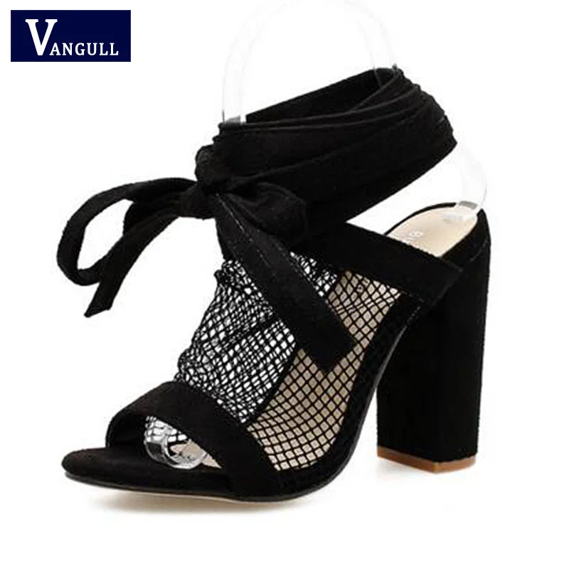 

VANGULL Fishnet Cross Strap Pumps Women Peep Toe High Heels 2019 Fashion Lace Up Female Shoes High Chunky Heels Summer Sandals