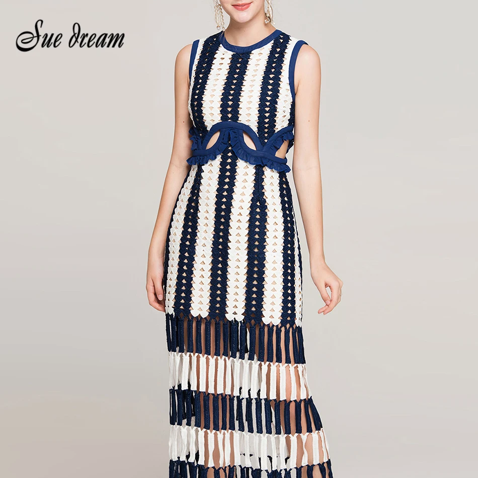 

2018 new women's dress knit vest dress white blue patchwork hollow striped fringed crochet casual beach dress