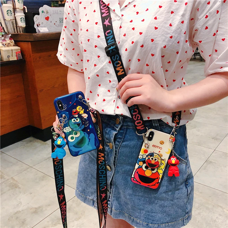 

4pcs For iphone XS max XR X Sesame Street Case,Cute cookie Elmo Soft phone Cover for iphone 8plus 7P 6P 6 7 8 +toy+stander+Strap