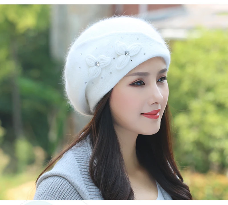 Women Beanie Knit Hat Angora Winter Warm Beret Double Layer Casual Soft Flower Stretchy Thermal Snow Outdoor Accessory (4)