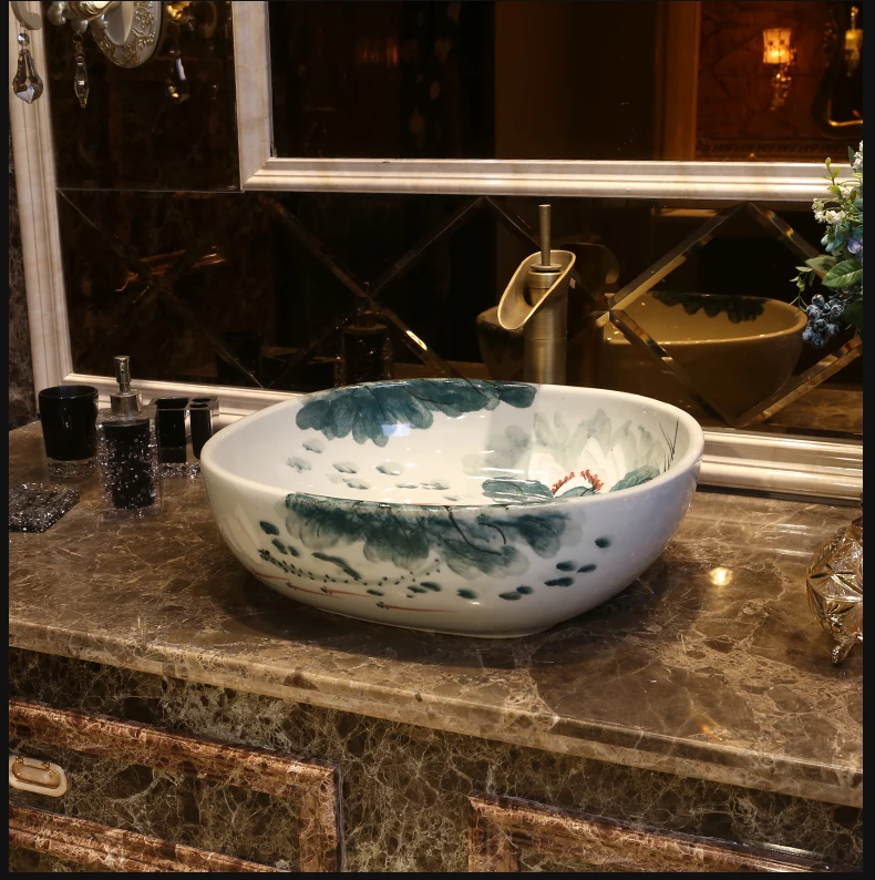 lotus Europe Vintage Style Hand Painting Art Countertop bathroom round white porcelain ceramic vessel sink (4)