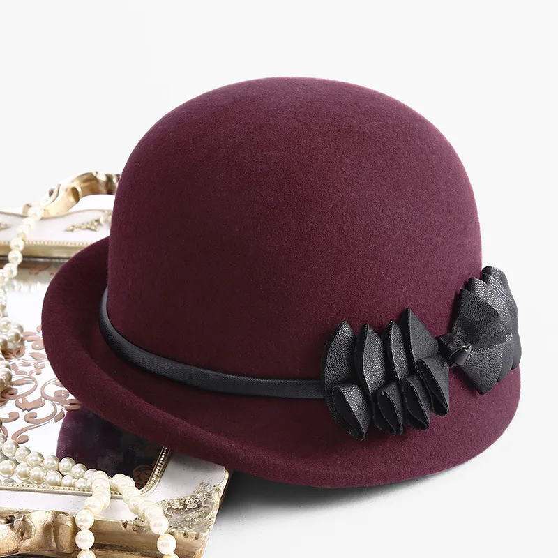 Головной убор леди банкет формальный кожаный бант лента Fedora шляпы женщин Асимметричная чистая шерсть фетровая шляпа - Цвет: Красный