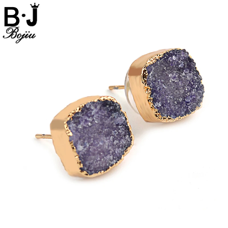 

Bojiu Exquisite Earrings Square Quartz Natural Stone Gold-Color Black Stud Earrings pendientes mujer moda Fashion Jewelry EA024