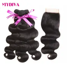 Mydiva, перуанские объемные волнистые человеческие волосы для наращивания, 3 пряди, с кружевной застежкой, 4 шт./лот, не Реми, волосы для плетения, пряди с застежкой