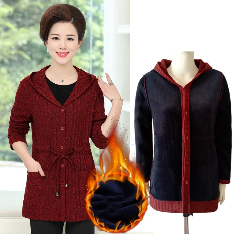 

Fleece Warm Knitted Cardigan Sweater 2019 Fall Winter Middle Old Age Mother Clothes Knitwear Top Coat Women Long Sleeve Jumper