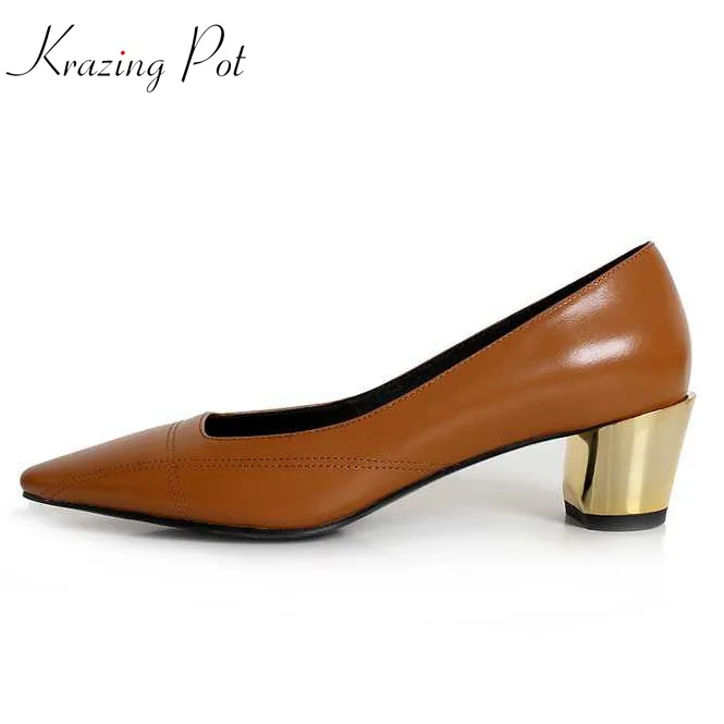 Krazing Pot 2018 shoes women fashion metal med heels genuine leather pumps slip on shoes round toe elegant office lady pumps L04 Krazing Pot 2018 shoes women fashion metal med heels genuine leather pumps slip on shoes round toe elegant office lady pumps L04
