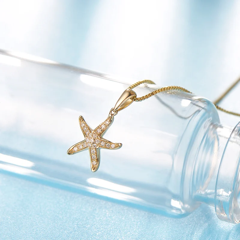 18K Yellow Gold Genuine Natural font b Diamond b font Starfish Pendant font b Necklace b