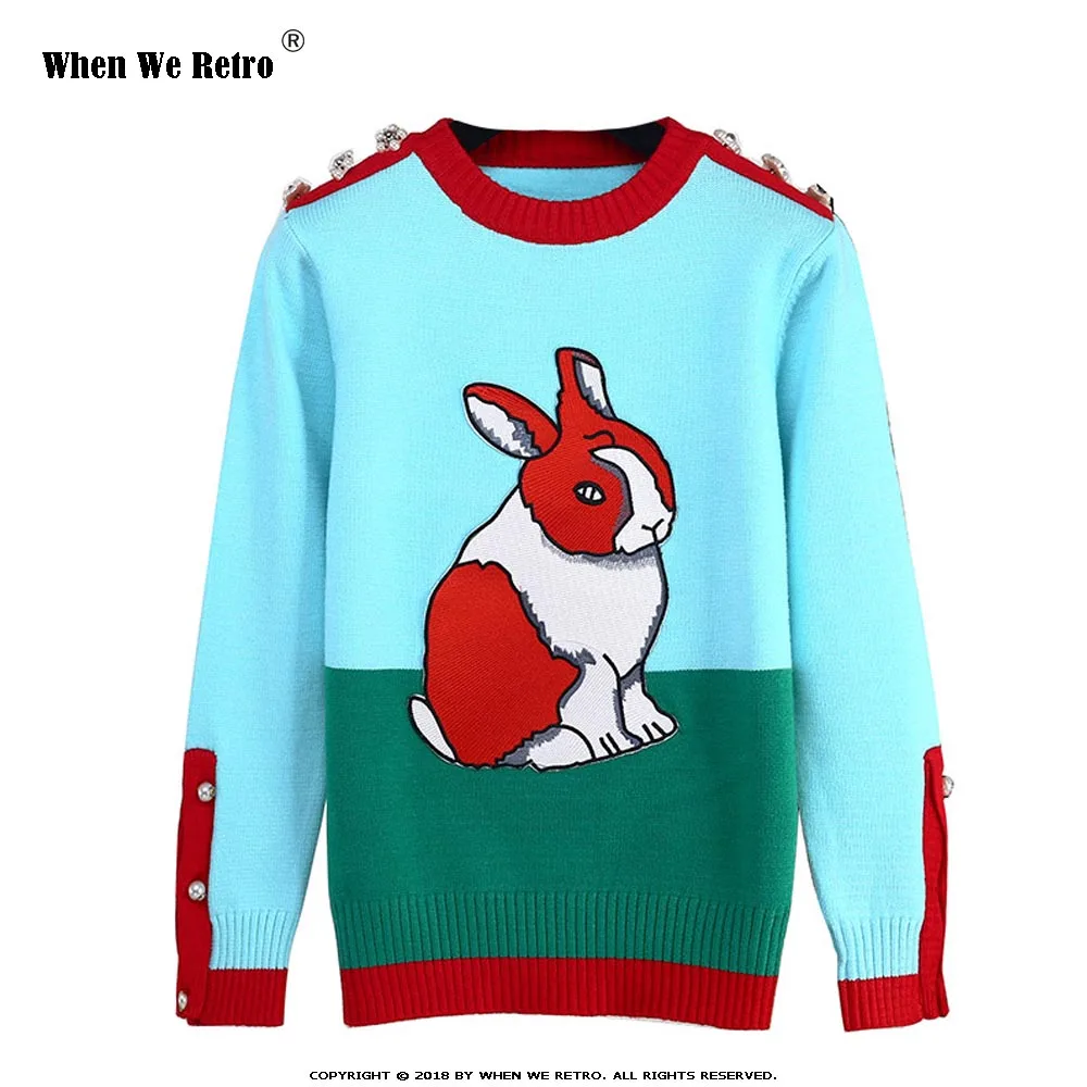 

When We Retro 2018 New Sweater Women Luxury Beading Long Sleeve Pullovers Jerseys Female O neck Rabbit Print Sweater jumper YC08
