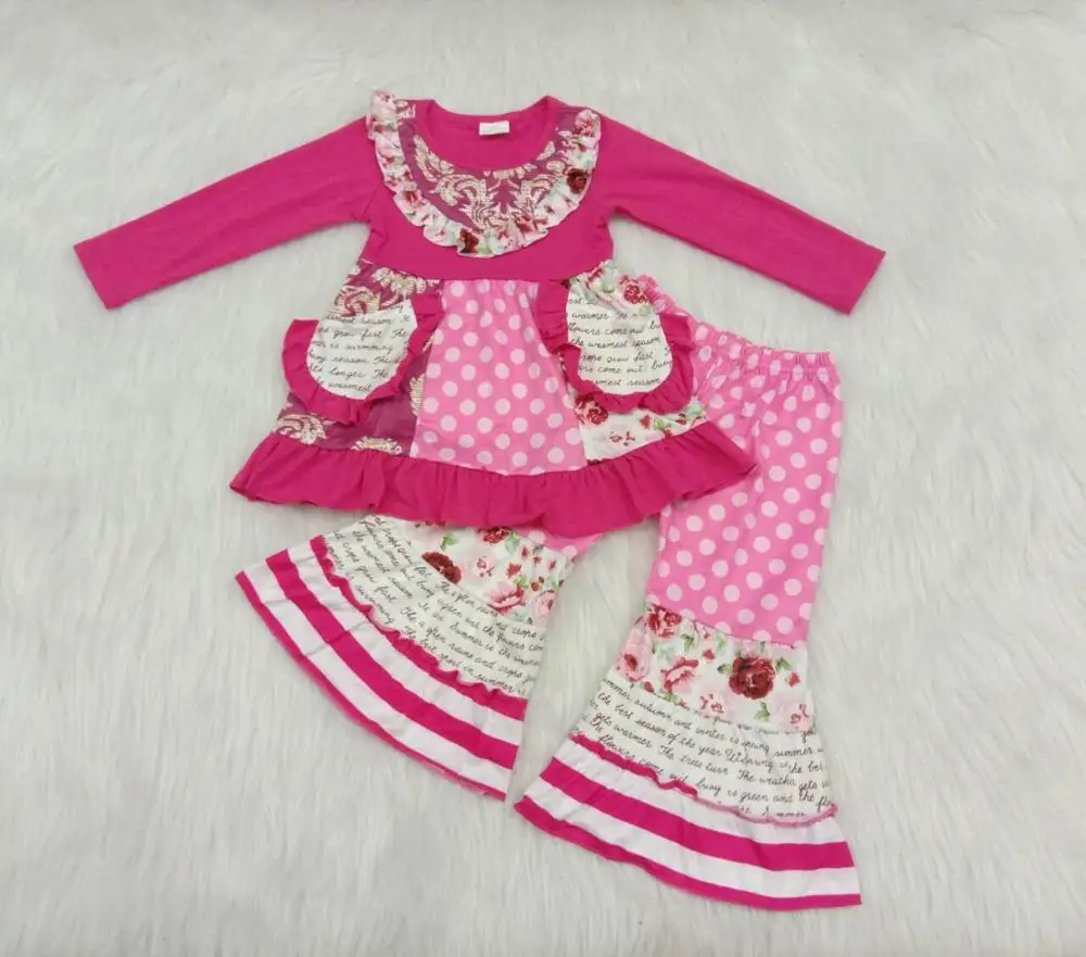 

Wholesale/retail flower outfits baby girls pockets sweet tops+flare pants 2 pcs sets kid autumn children's clothing gxj