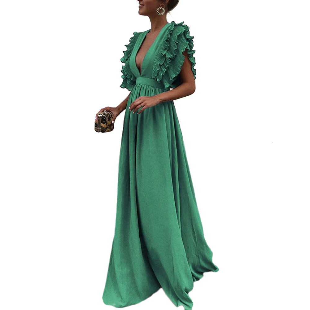 

YJSFG HOUSE New Women Dresses Ruffles Maxi Long Formal Wedding Evening Ball Gown Party Dress Prom Female V-neck Elegant Dress