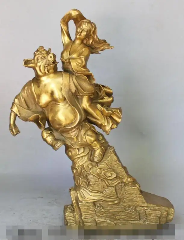 

S01398 18"China Bronze Mythology Marshal Happy Zhu BaJie Chu Pa-chieh Belle Wife Statue (A0321)