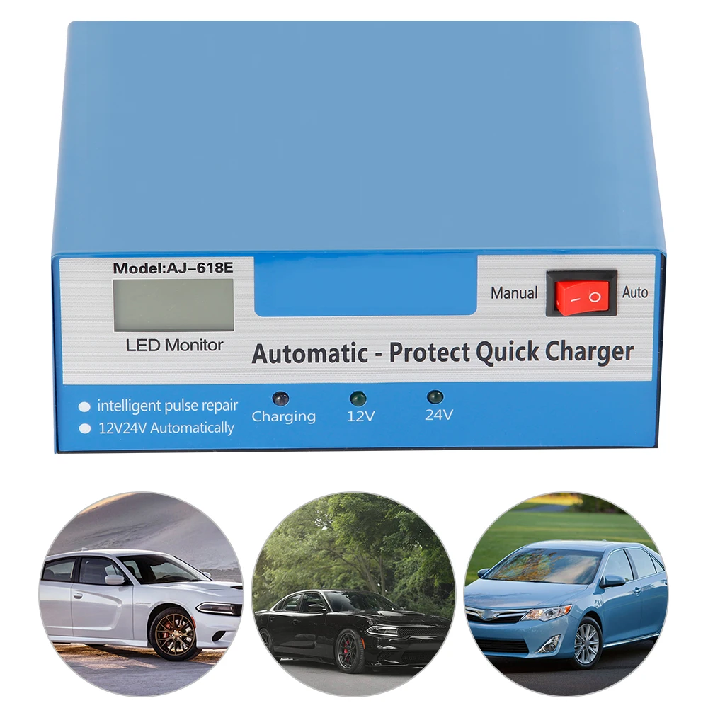 Car Battery Charger Automatic Intelligent Pulse Repair 130V-250V 200AH 12/24V with Adapter