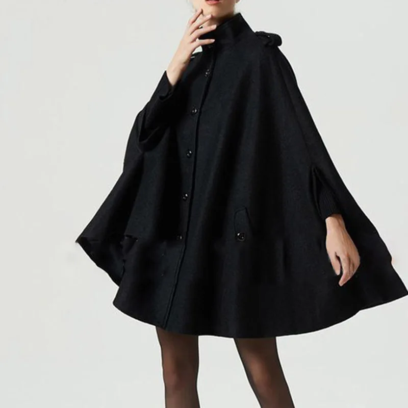Готический женский шерстяной плащ, пальто на пуговицах, свободная повседневная верхняя одежда, уличный стиль, Осень-зима, теплое пальто, женский черный топ, пальто