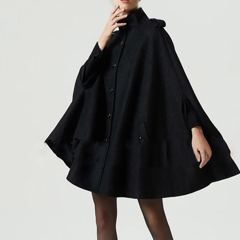 

Gothic Women Wool Cape Coats Button Loose Casual Outerwear High Street Stylish Autumn Winter Warm Overcoat Female Black Top Coat