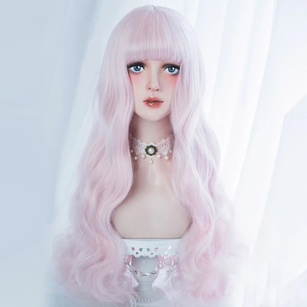 Лолита 60 см длинный кудрявый светильник блонд/розовый Леди стильный ежедневный Косплей Синтетический Полный парик с взрыва+ парик cap H762306