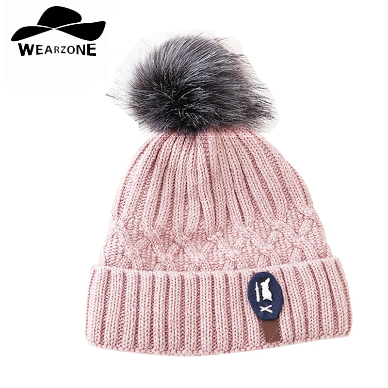 2017 new knitted hat Women big Faux Fur pom pom Caps Crochet Hats For Women Winter