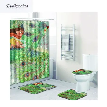 

Free Shipping 4Pcs Girl Sit Peacock Banyo Paspas Bathroom Carpet Toilet Bath Mat Set Non Slip Tapis Salle De Bain Alfombra Bano