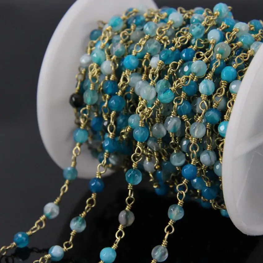5Meter Blue Ag ate Faceted beads Chain,Brass Wire Wrapped Rosary Chain
